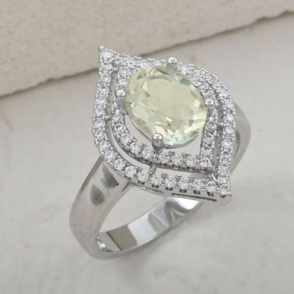 Simulated Prasiolite and Simulated Diamond 2.90 ctw Silver Ring Size 10 New - Picture 2 of 6